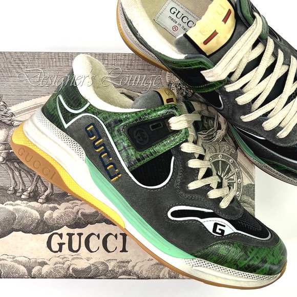 NEW GUCCI Men's ULTRAPACE Low Top Sneakers In Green Tejus Leather G 7.5 / US 8